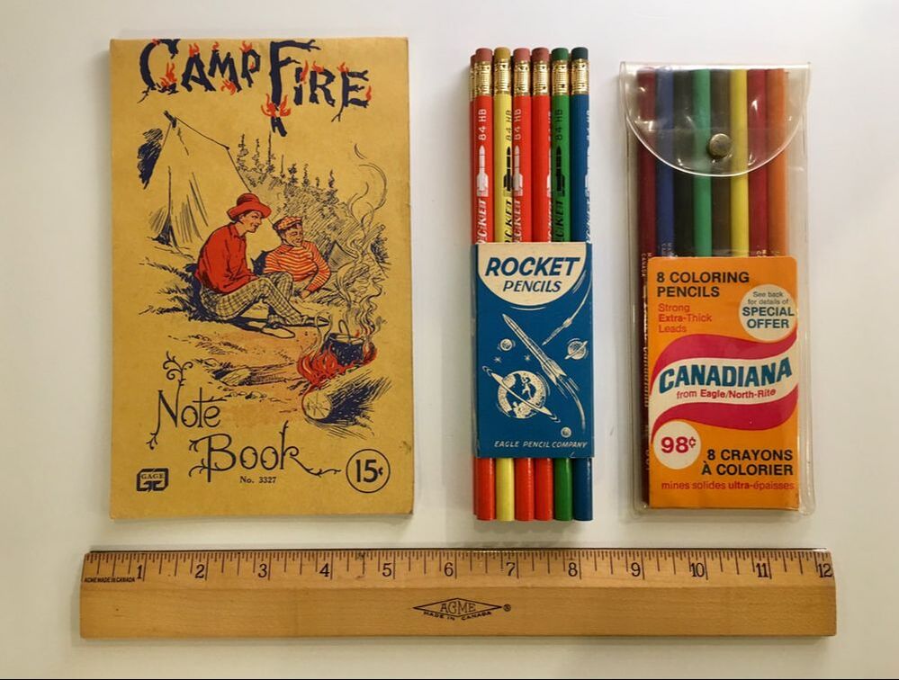 1960s school supplies: Gage Notebook, Acme ruler, Eagle Rocket pencils and Canadiana coloring pencils.